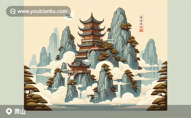 黃山插圖：霧繞山峰、迎客松與航空郵件創(chuàng)意呈現(xiàn)，郵編242700