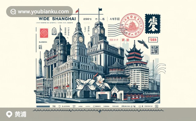黃浦區(qū)特色：外灘建筑群、豫園與繁華南京路，帶有200000郵政編碼的中國傳統(tǒng)郵票設(shè)計