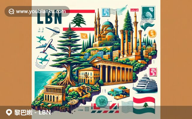 黎巴嫩自然景觀與文化遺產(chǎn)的融合，展現(xiàn)雪松、羅馬廟宇、貝魯特市景與地中海海岸線，搭配郵政元素