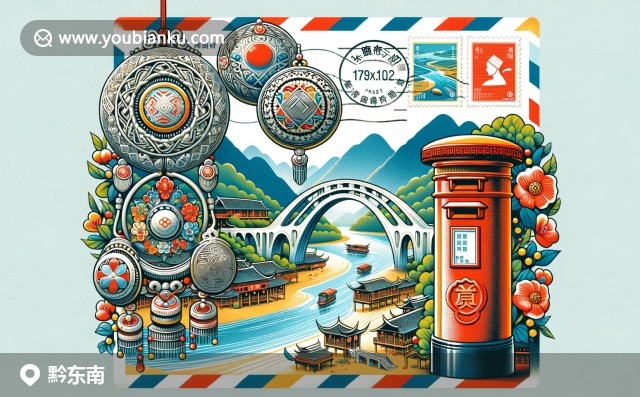 黔東南苗族銀飾、侗族風雨橋和苗族繡球在明信片構圖中展現，融入中國郵政元素